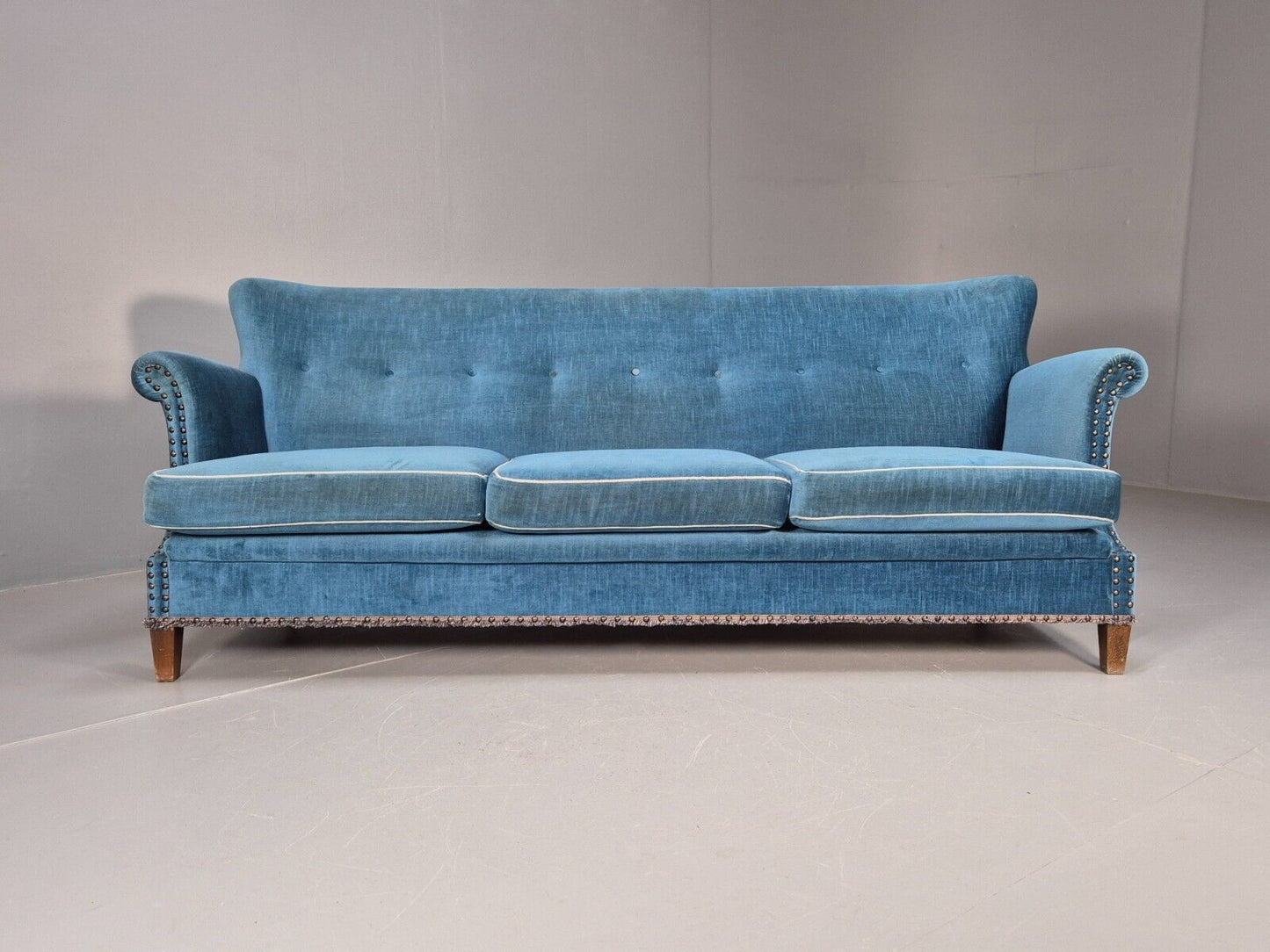 Vintage Danish Mid Century Sofa Bright Blue Velour 1950s Retro MCM EB8934 V3SS - UKDK FURNITURE