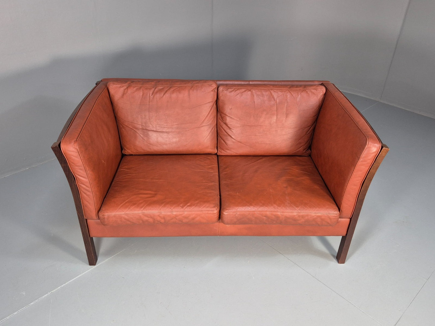 Mid Century 2 Seater Sofa Stouby Red Brown Leather Beech End Retro  EB10060 M2SS2