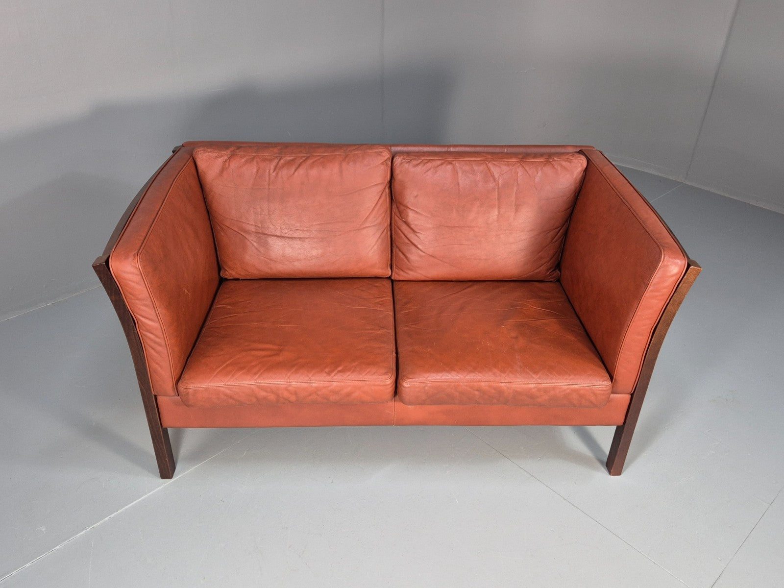 Mid Century 2 Seater Sofa Stouby Red Brown Leather Beech End Retro  EB10060 M2SS2