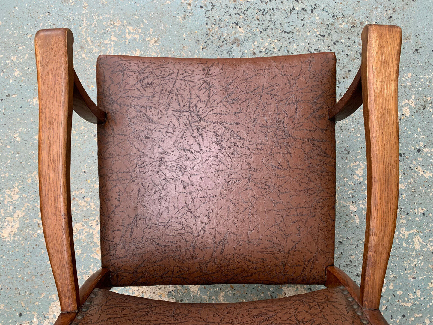 Danish Oak & Brown Vinyl High-Back Arm Chair Elbow Desk Vintage EB1949 VDIN - UKDK FURNITURE