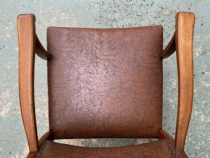 Danish Oak & Brown Vinyl High-Back Arm Chair Elbow Desk Vintage EB1949 VDIN - UKDK FURNITURE