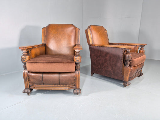 2 Edwardian Lounge Chairs Baroque Oak Frame Rexine and Velour EB11264 VLEA0