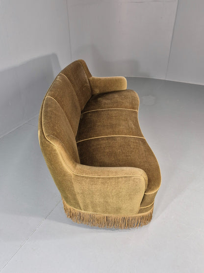 Vintage Danish  Banana Sofa Green Velour Tassels 1960s Retro MCM  EB10802 V3SS13