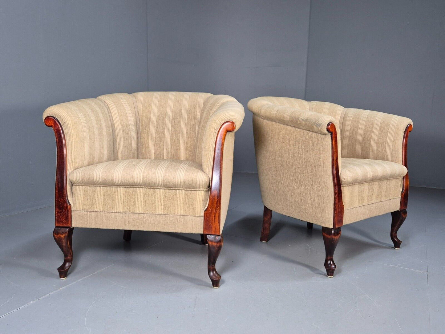 2Pair of Vintage Antique Danish Tub Chairs Beige Cream Stripes 1930s EB9049 VCLO - UKDK FURNITURE