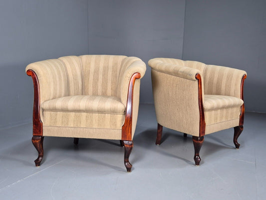 2Pair of Vintage Antique Danish Tub Chairs Beige Cream Stripes 1930s EB9049 VCLO - UKDK FURNITURE