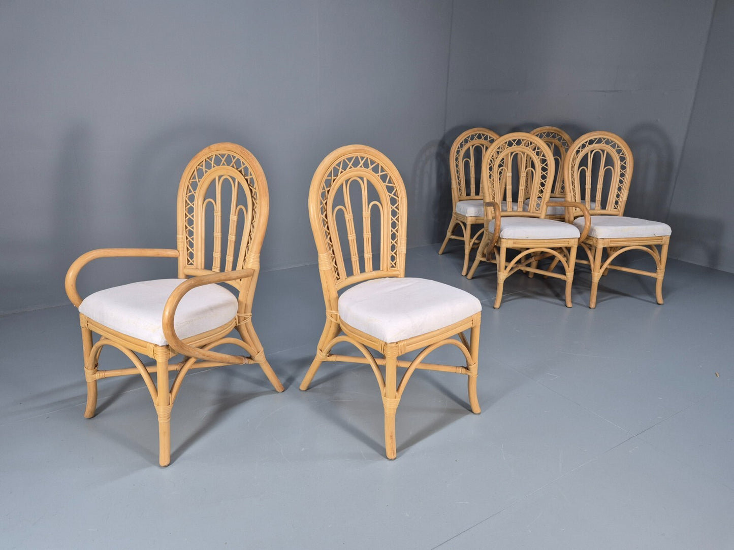 6 Vintage Cane Dining Chairs 1980s Retro 2 Carvers White Seat EB9704 VBER - UKDK FURNITURE