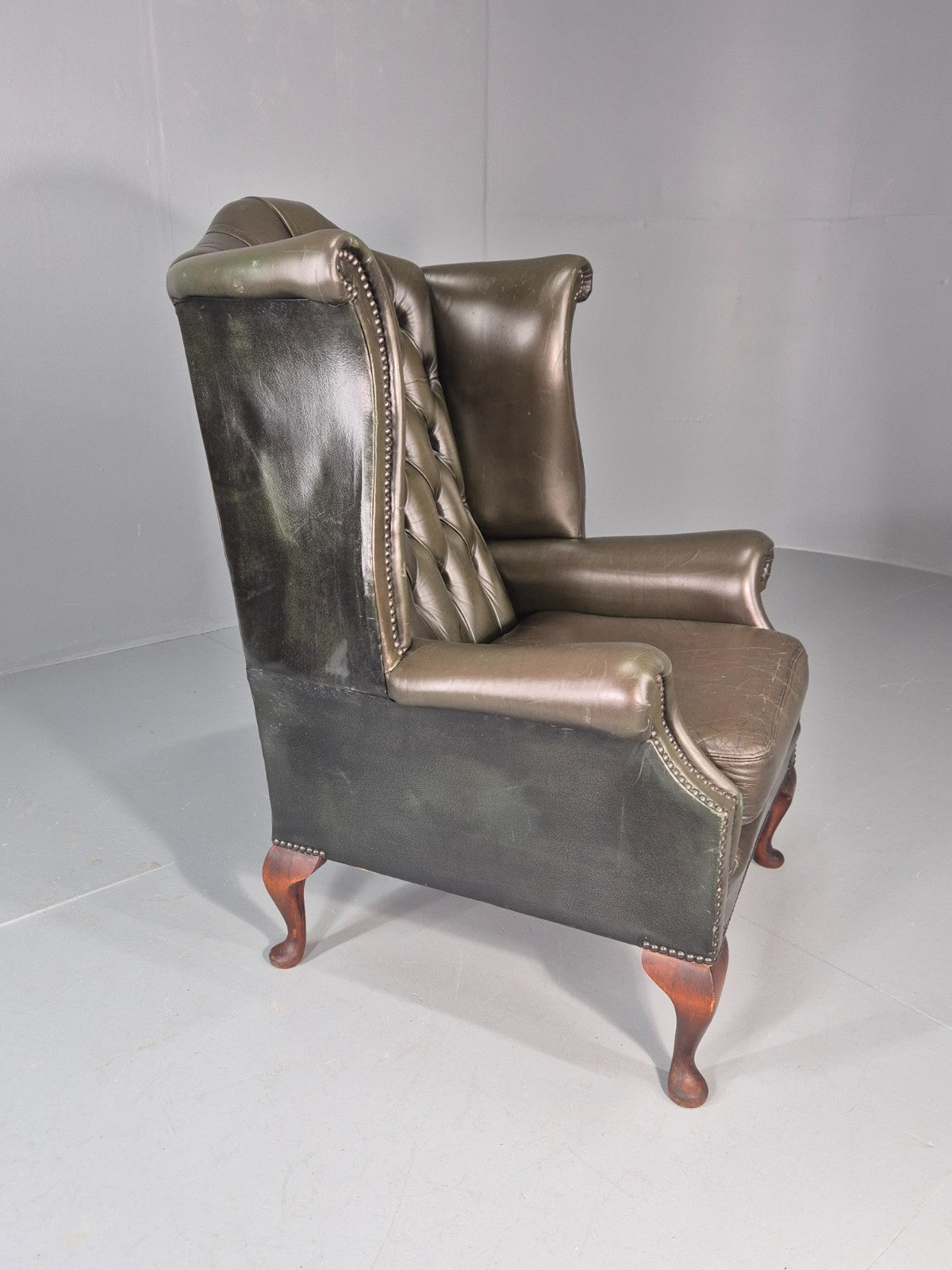 Vintage Wingback Leather Lounge Chair Queen Anne Style 1970s Retro EB11532 VLEA11