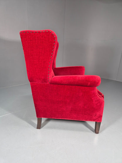 Wing Back Lounge Chair Red Velour Danish 1960s Georgian Style EB10754 VCLO13