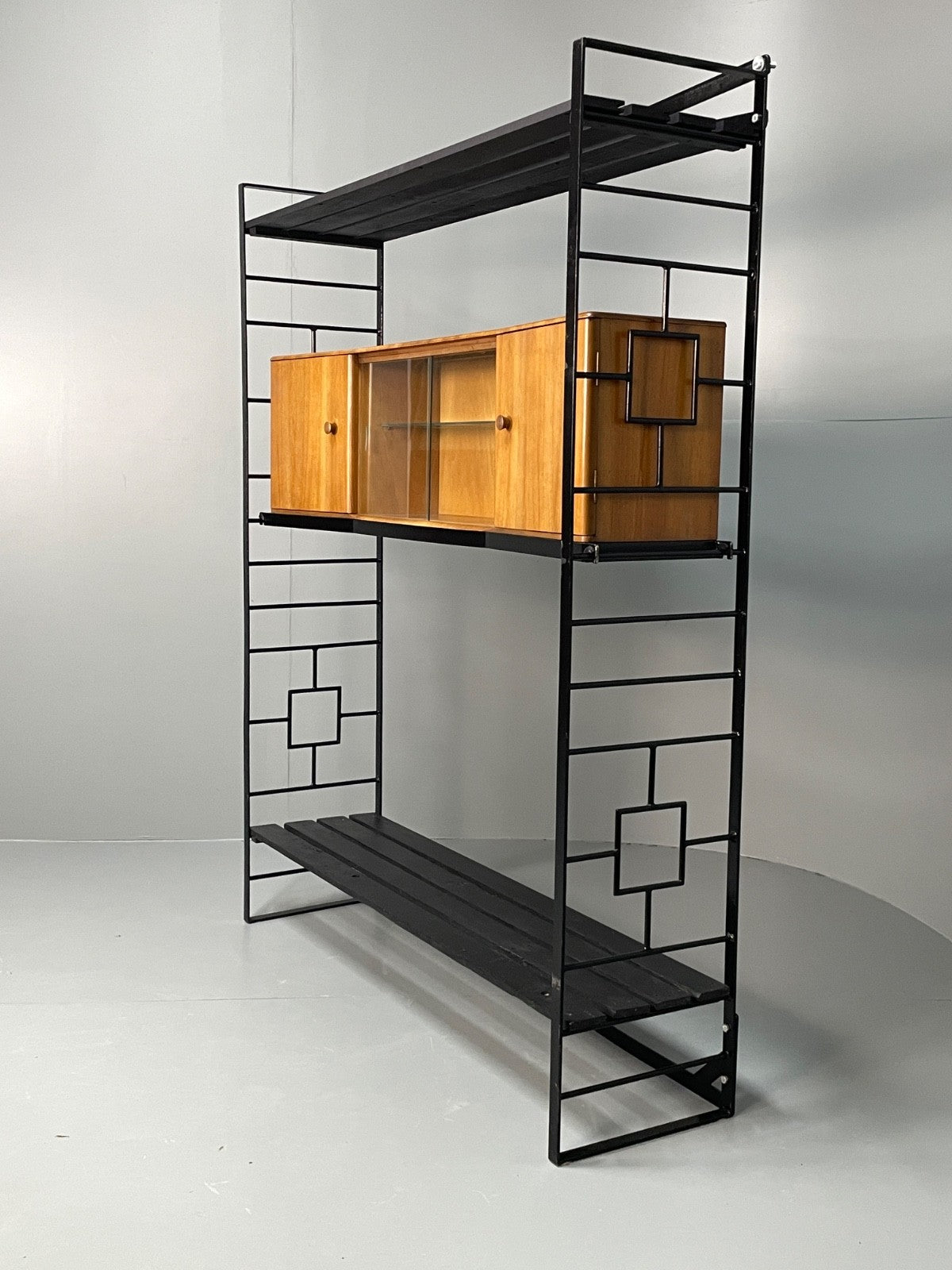 Vintage Modular Shelving Unit Walnut Cabinet Ladderax Style Black EB11043 MWOO7
