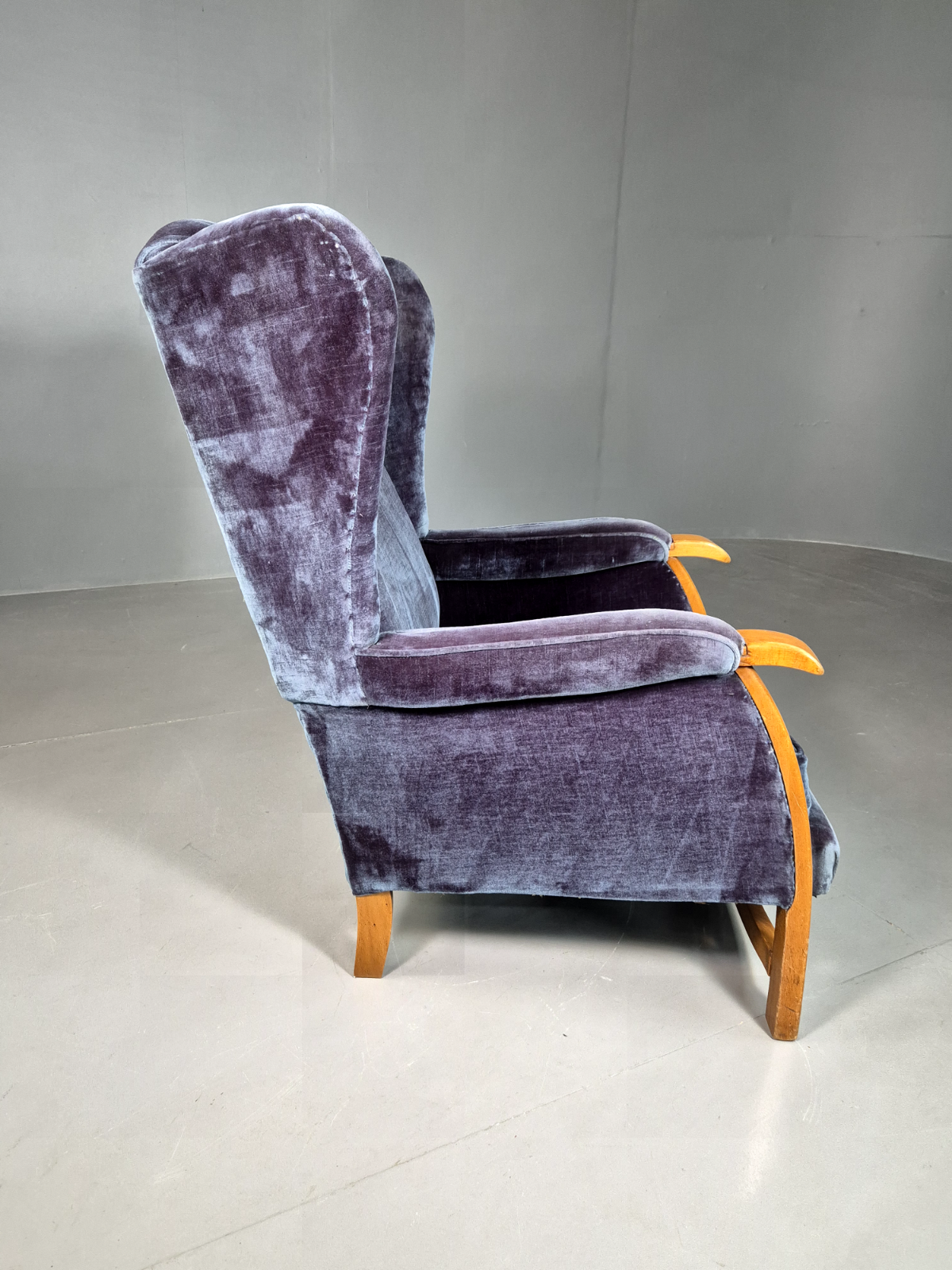 Vintage Lounge Wingback Chair Blue Velour Beech Frame 1950 Retro MCM EB7108 VCLO12