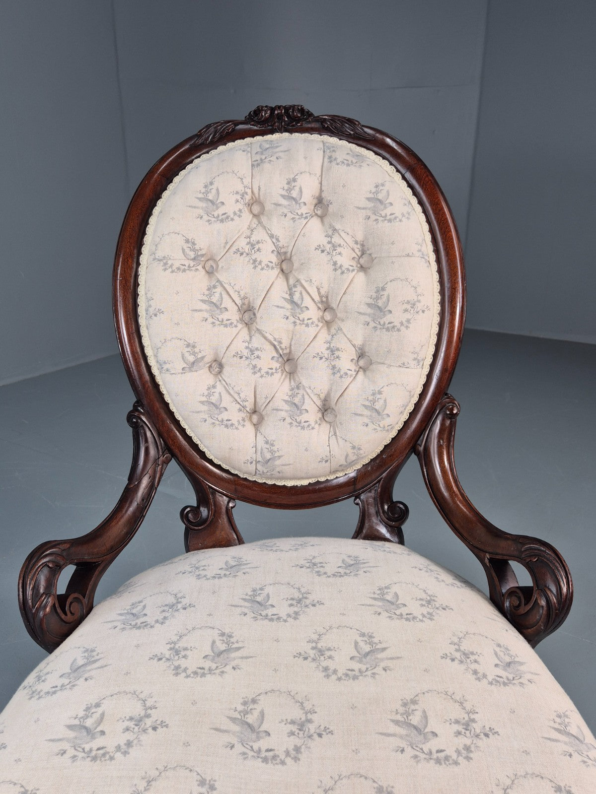 Victorian Balloon Back Nursing Chair Mahogany Carved Frame 1880s EB10989 VCAR17