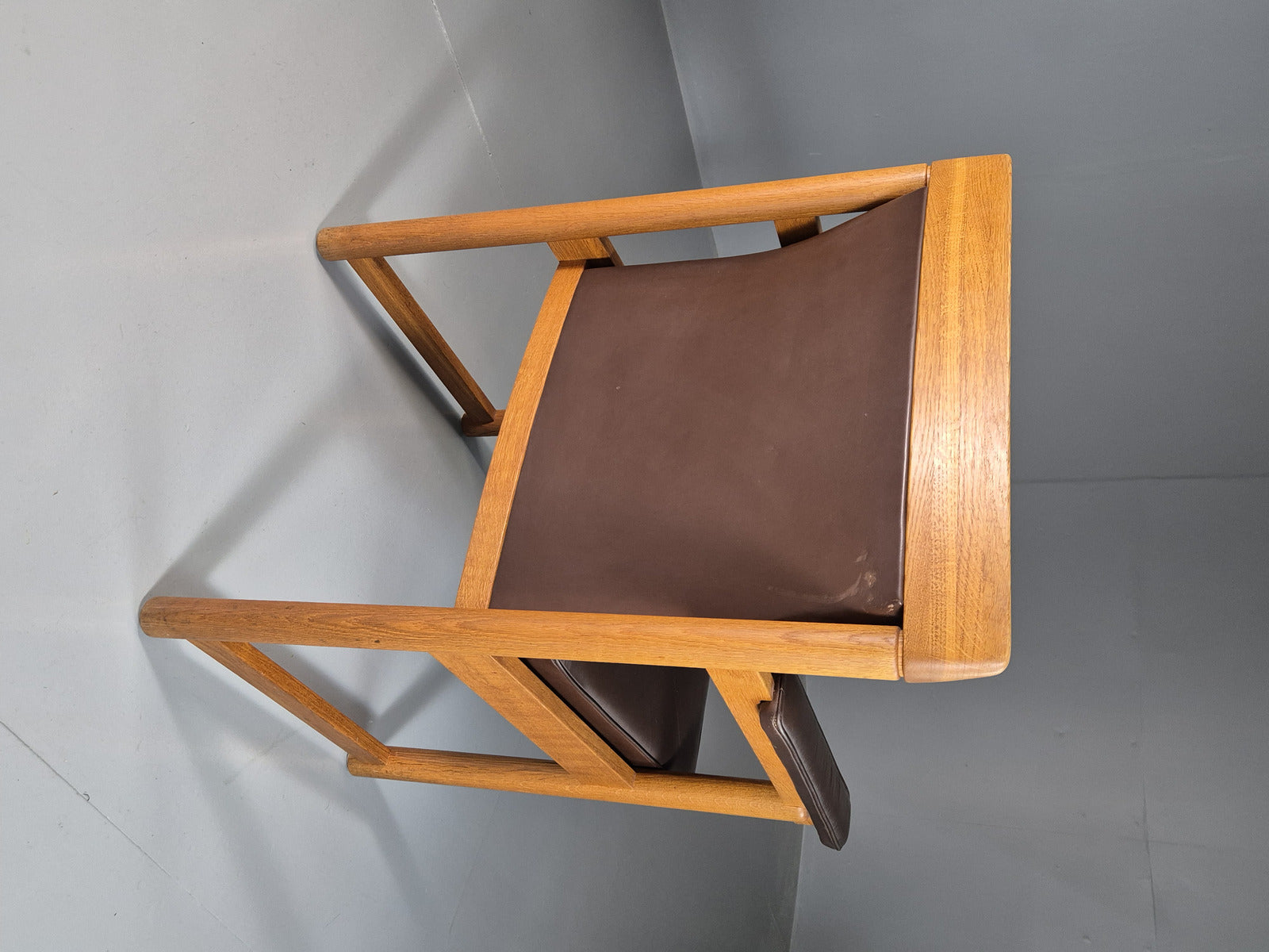 EB7165 Vintage Swedish Elbow Chair Brown Leather Oak 1960s Retro MCM MNOR - UKDK FURNITURE