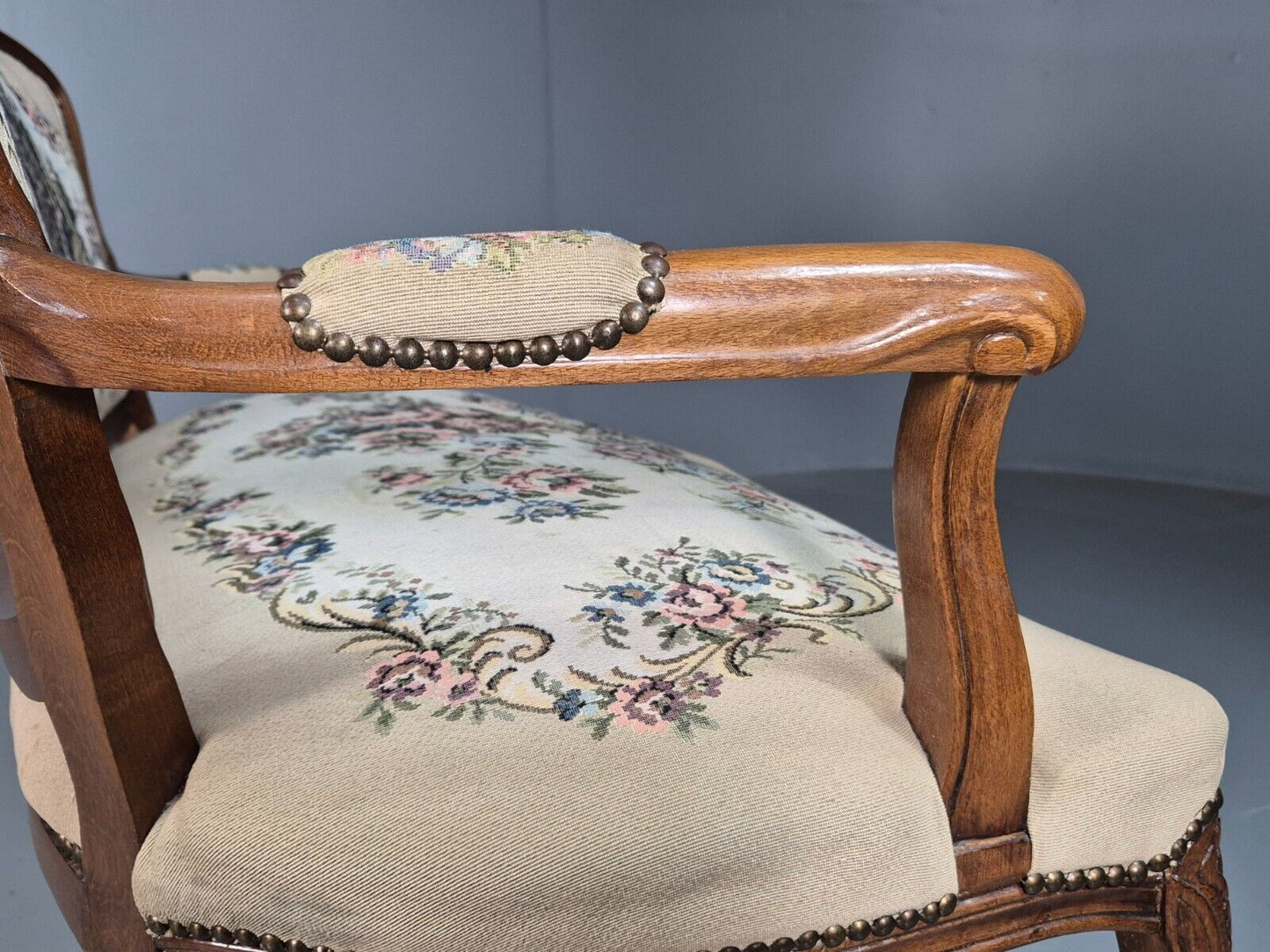 Vintage Danish 2 Seat Open Arm Sofa French Regency Style Embroidery EB8074 V2SS - UKDK FURNITURE
