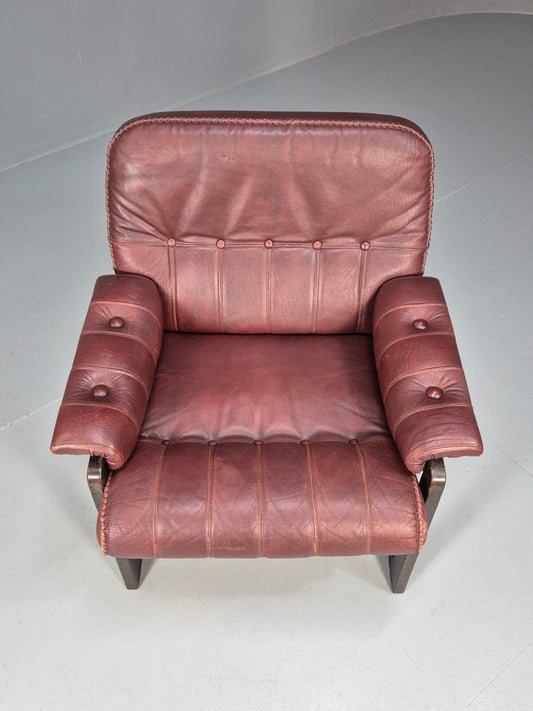 Vintage Danish Burgundy Leather Lounge Chair Stitch Detail 1980s MCM EB9259 MNOR - UKDK FURNITURE