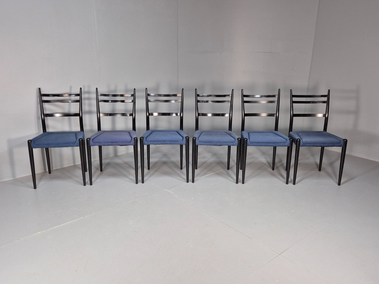 Vintage G Plan Dining Chairs Black Teak Blue Fabric Italian Style EB9488 MDIN - UKDK FURNITURE