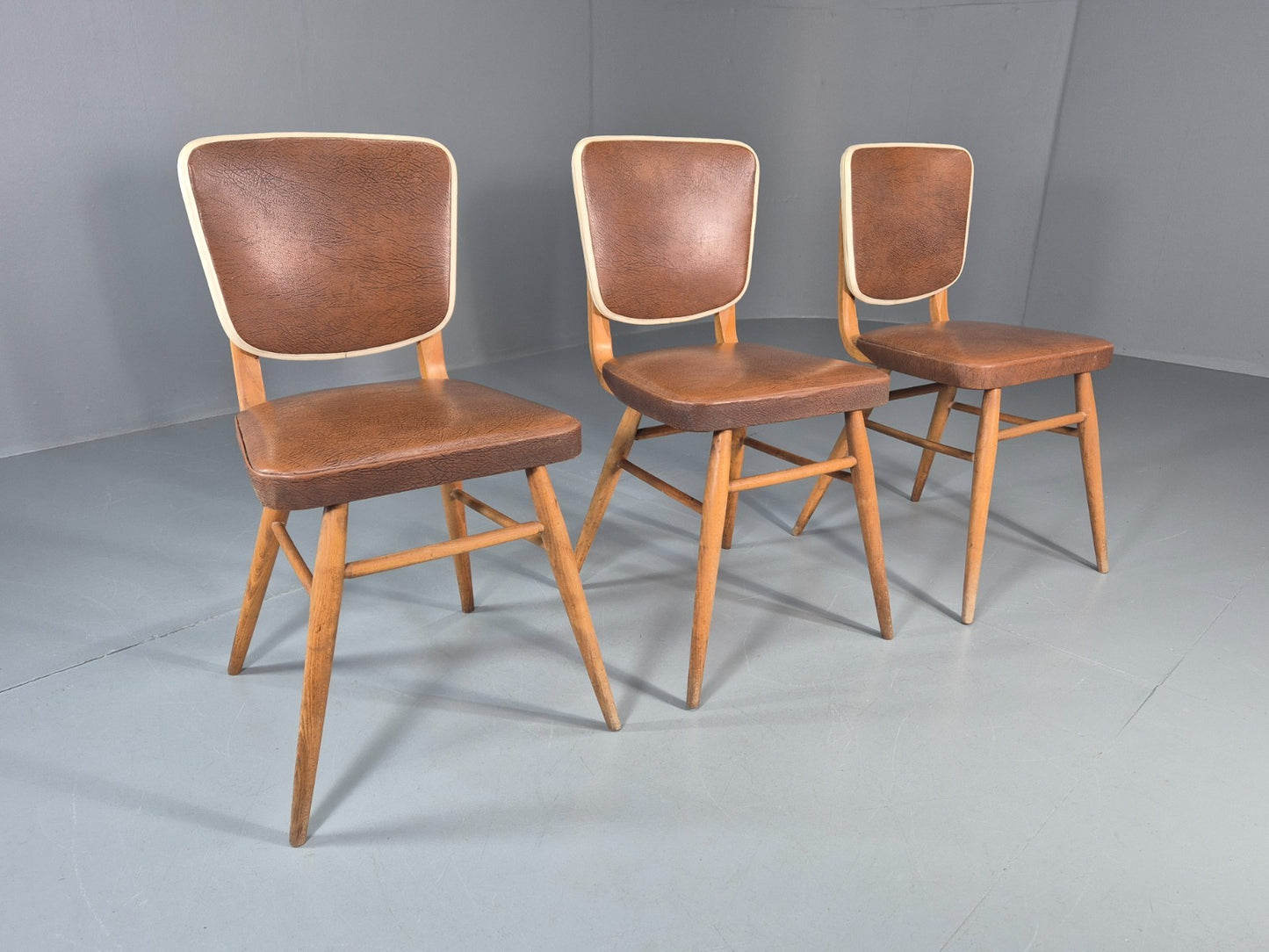 Vintage 1960s Dining Chairs - 3 In Brown Vinyl Beech Frames MCM EB10997 MDIN0