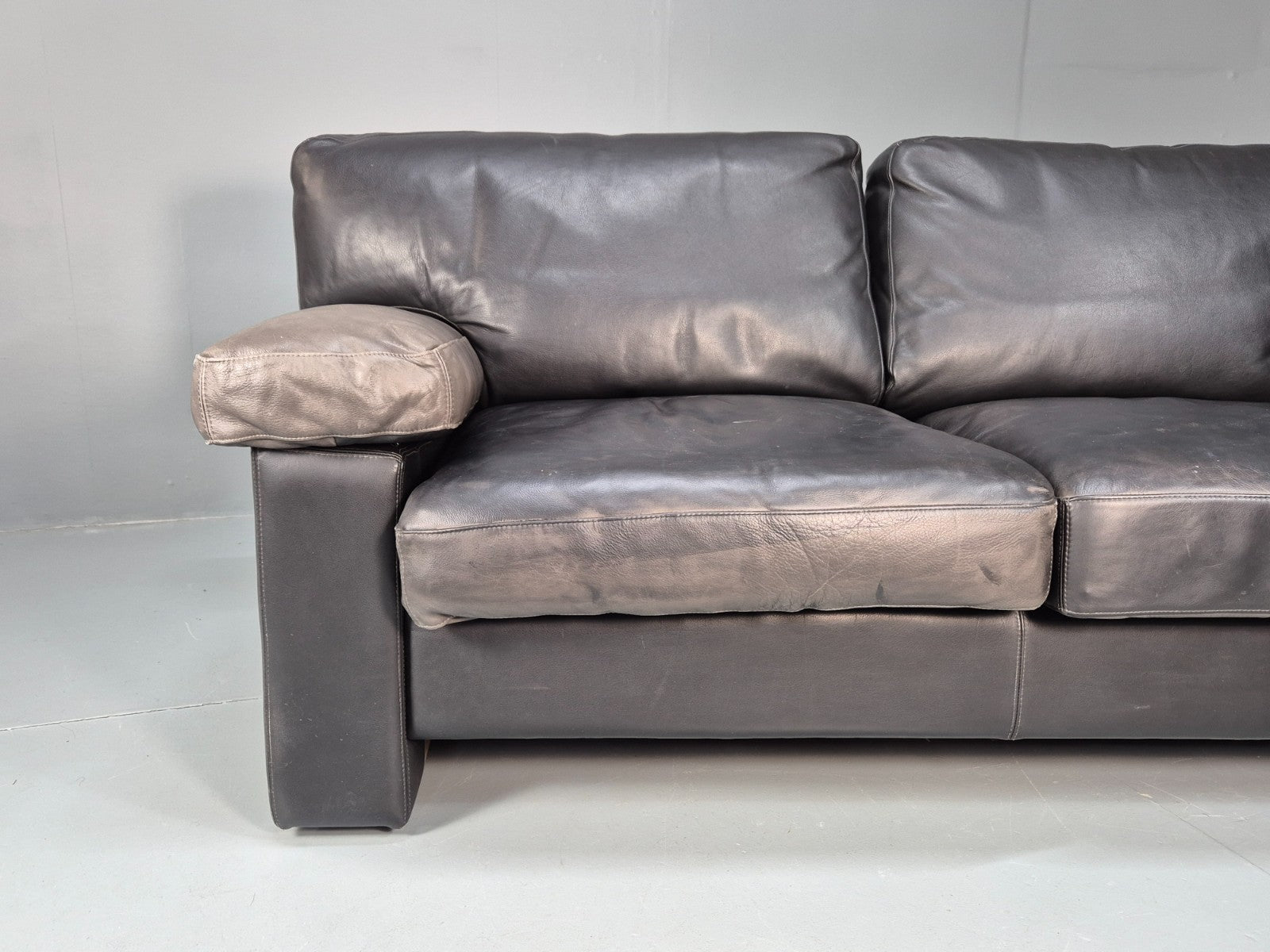 1980s Two Seater Sofa Faded Black Leather Boxy Style Retro Danish EB10714 M2SS2