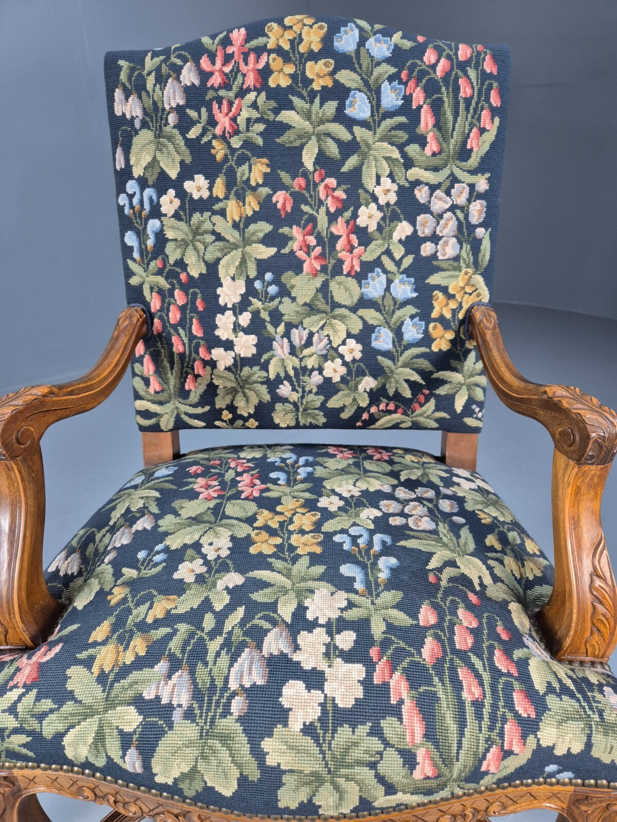 Vintage Danish Lounge Blue Floral Oak 17th Century Style EB8994 VCLO - UKDK FURNITURE