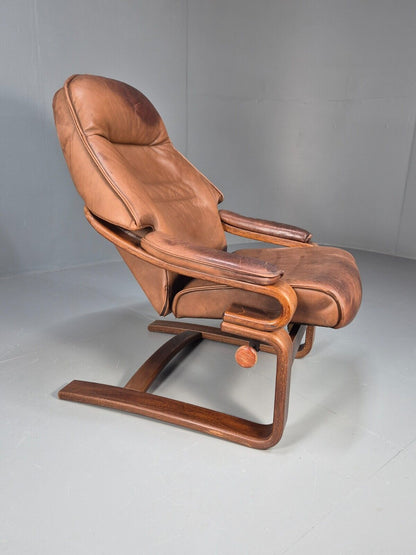 Vintage Danish Lounge Chair Brown Leather Bentwood Reclines Retro EB8783 MBEN - UKDK FURNITURE