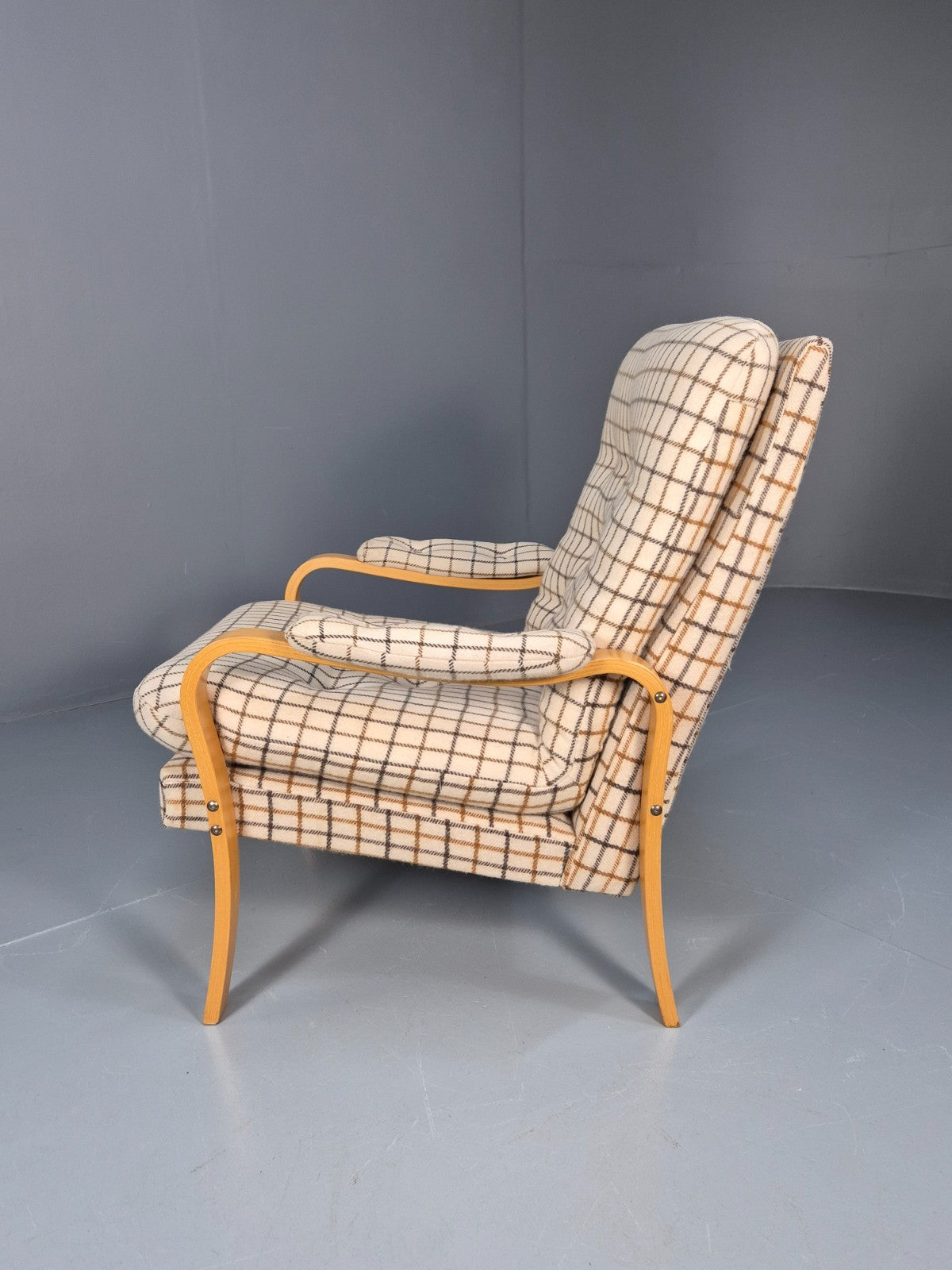 Vintage Bentwood Lounge Chair Danish Cream Wool Check 1980s Retro EB10334 MBEN15