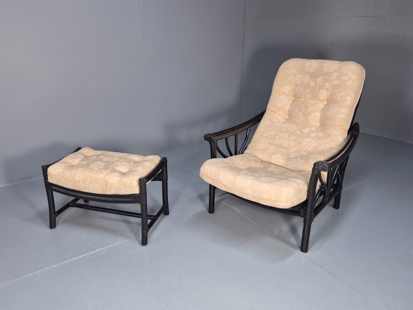 Vintage Japanned Bamboo Lounge Chair and Footstool 1980s Retro EB10718 VBER15