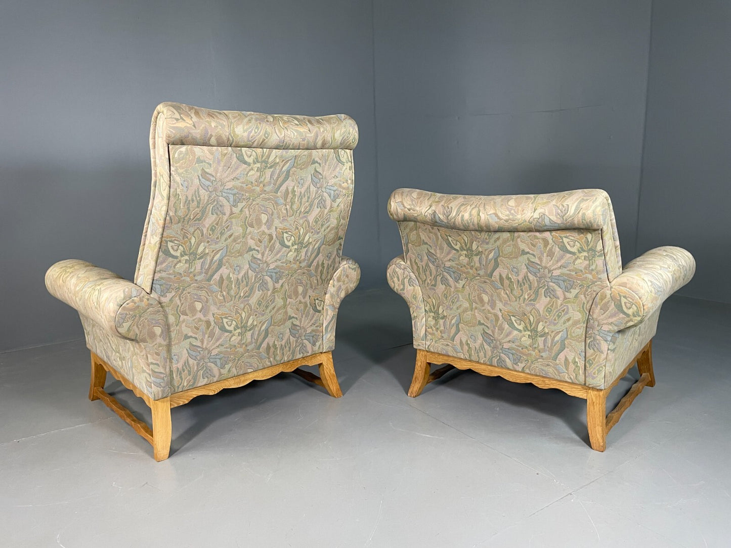 2 Danish Lounge Chairs Kjaernulf Oak Floral Cotton Vintage Retro EB6749 MNOR10