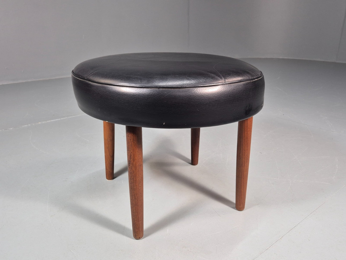 1960s Circular Footstool Danish Vinyl and Teak Retro MCM EB10883 MFOO0