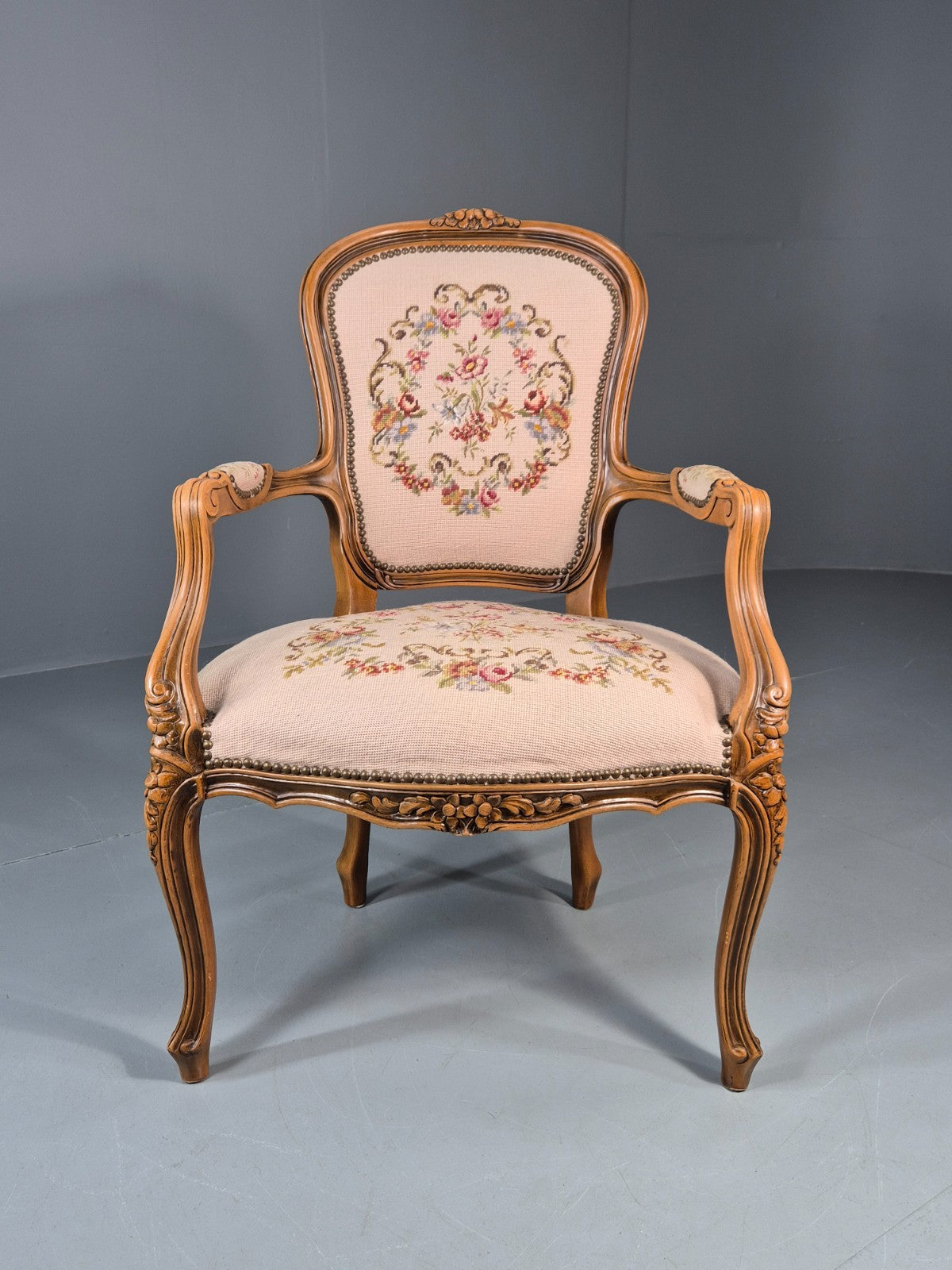 French Rococo Fauteuil Chair Floral Embroidered 1960s Retro EB10777 VDIN1