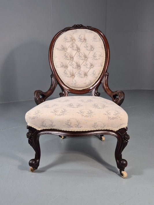 Victorian Balloon Back Nursing Chair Mahogany Carved Frame 1880s EB10989 VCAR1