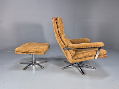 1970s Swivel Chair and Footstool Gold Corduroy Chrome Danish Elu EB10688 MSWI4