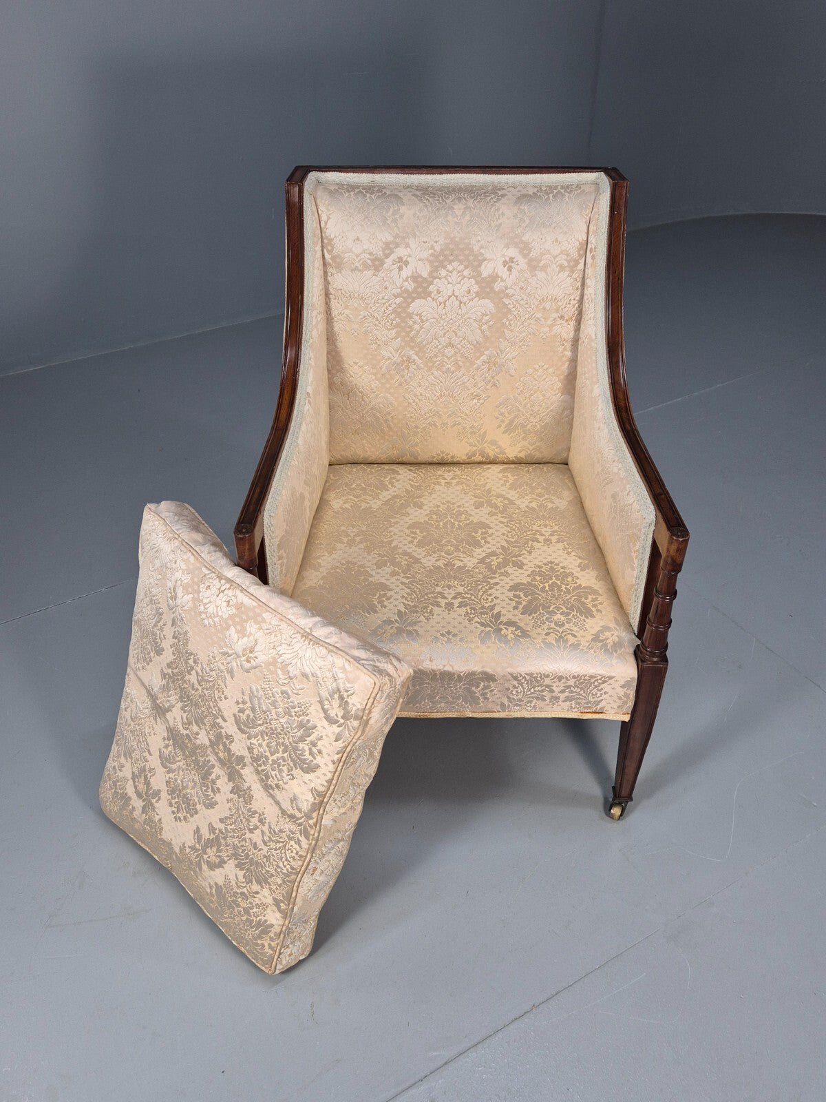 Antique Edwardian Mahogany Armchair Satin Creme Leaf Pattern Fabric EB8446 VCLO - UKDK FURNITURE