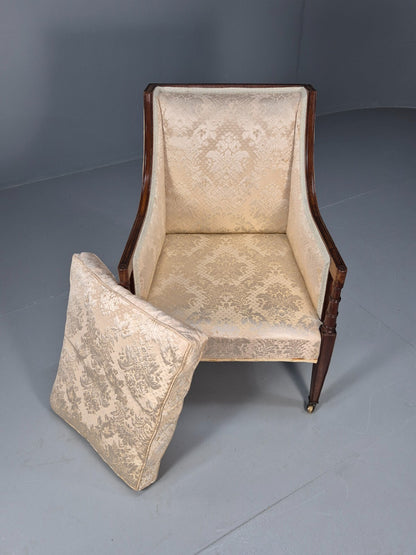 Antique Edwardian Mahogany Armchair Satin Creme Leaf Pattern Fabric EB8446 VCLO - UKDK FURNITURE
