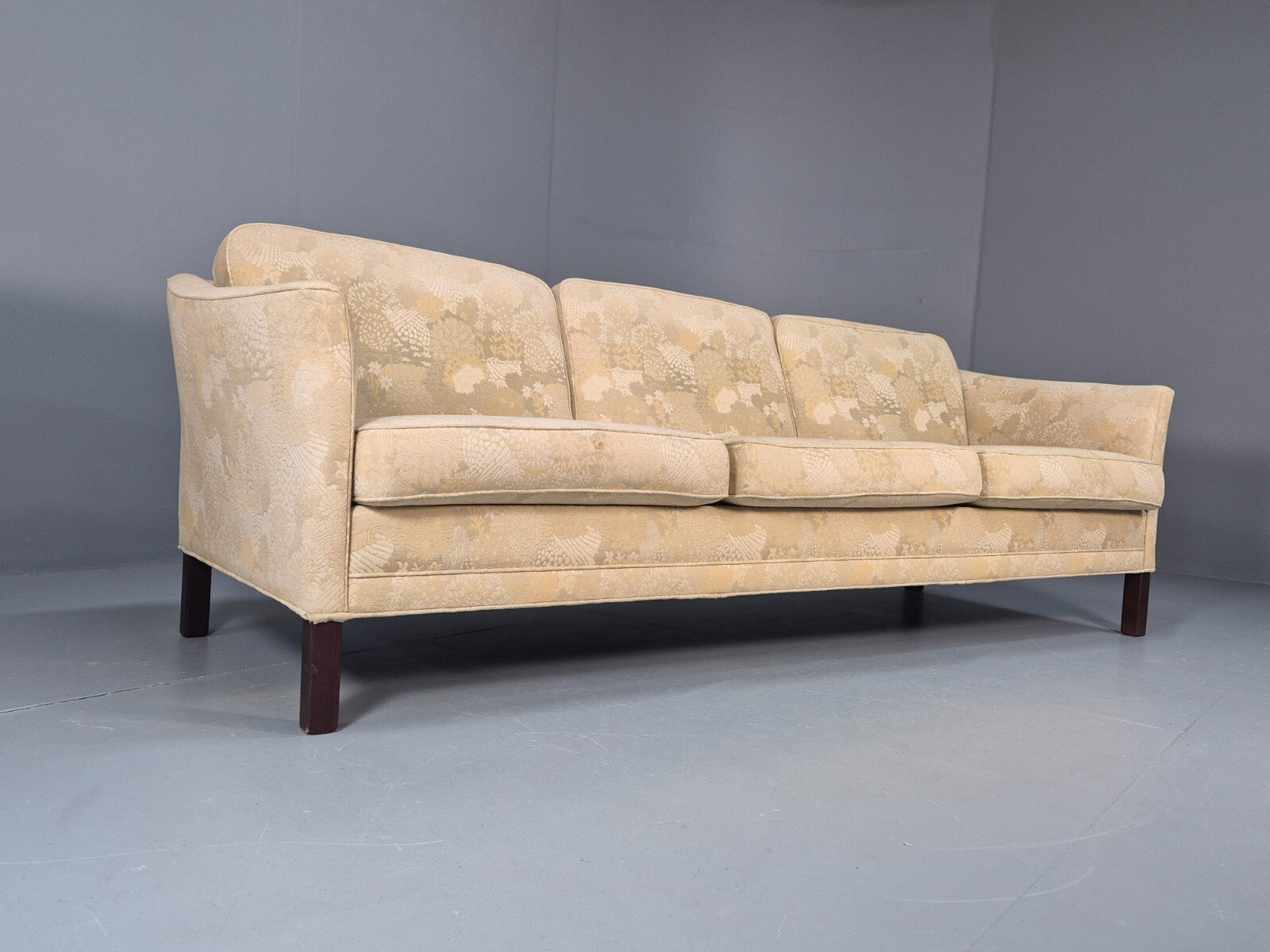 Vintage Danish 3 Seat Sofa Mid Century Shape Floral Cream Cotton 70s EB9579 M3SS - UKDK FURNITURE