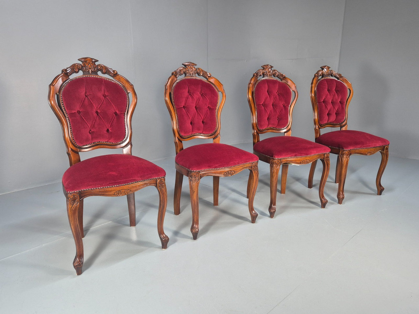 4 Rococo Saloon Chairs Vintage Reproductions Red Velour 1980s EB10691 VDIN0