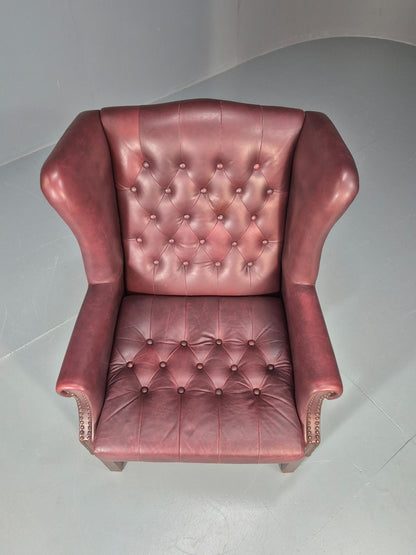 Georgian Style Wing Back Lounge Chair Red Leather Buttoned 1980s  EB10807 VLEA7