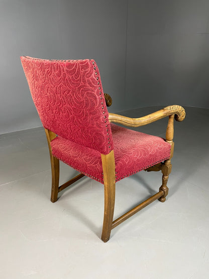 Vintage Danish Lounge Chair Oak Red Moquette 17th Century Style EB6942 VCLO9