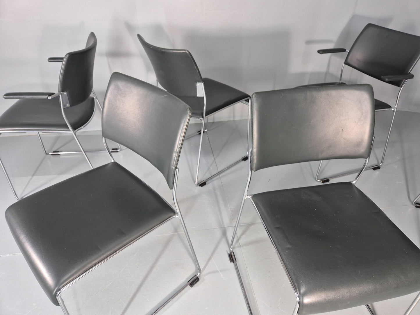 6 Leather Stacking Chairs Brunner Linos Dark Green Chrome Modern EB11734 MSTA19