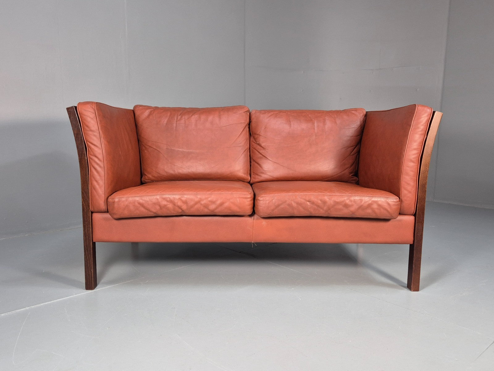 Mid Century 2 Seater Sofa Stouby Red Brown Leather Beech End Retro  EB10060 M2SS3