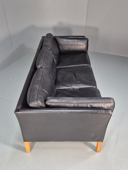 Mid Century Three Seater Sofa Vintage Danish Black Leather Retro EB10114 M3SS14
