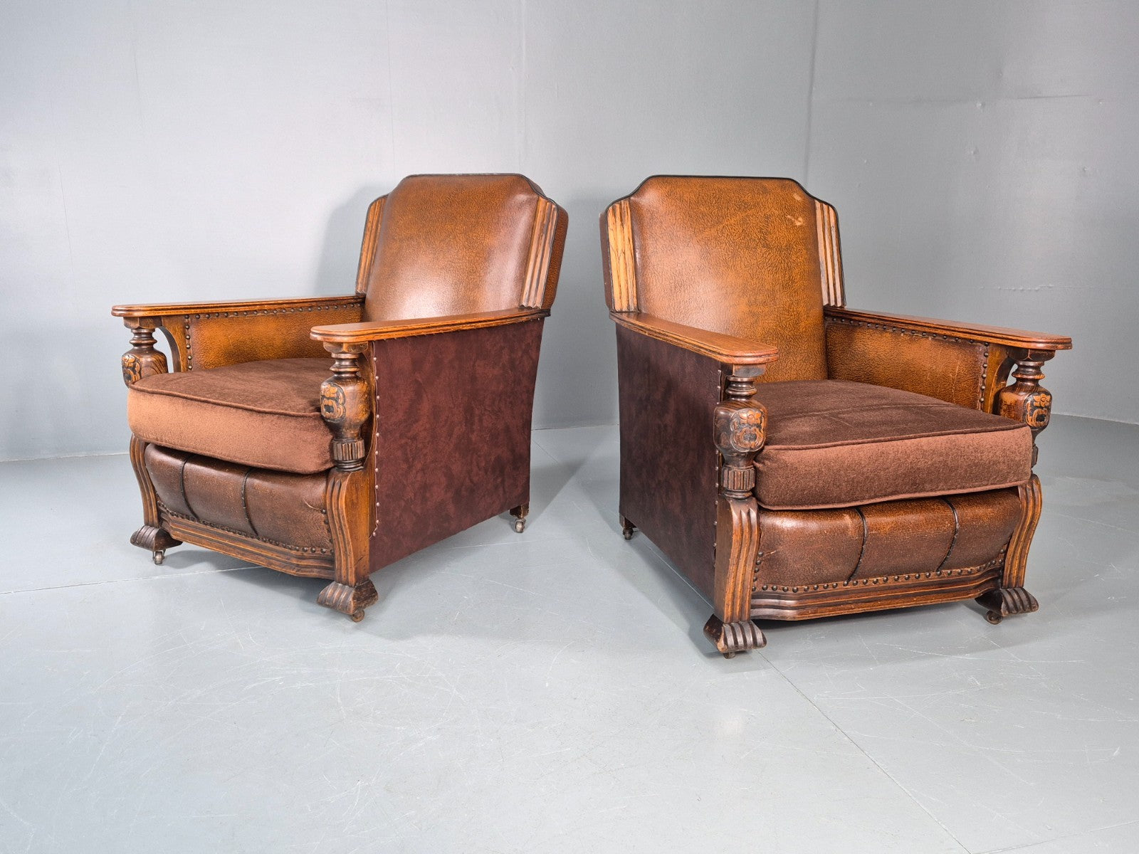2 Edwardian Lounge Chairs Baroque Oak Frame Rexine and Velour EB11264 VLEA2