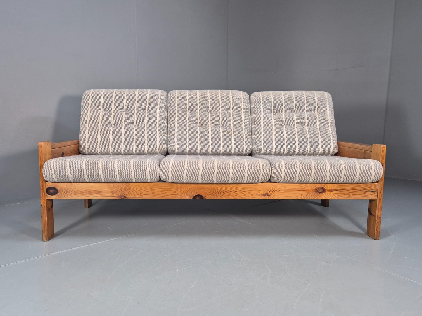 Vintage 3 Seater Pine Sofa Danish 1970s Retro Design Grey Striped EB9373 M3SS - UKDK FURNITURE