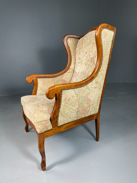 EB6426 Vintage Danish Wing Back Lounge Chair Haedwood Frame Floral Antique VCLO - UKDK FURNITURE