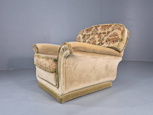 Vintage 1960s Luxury Lounge Chair Green Velour Floral Seat Retro  EB11779 MNOR1