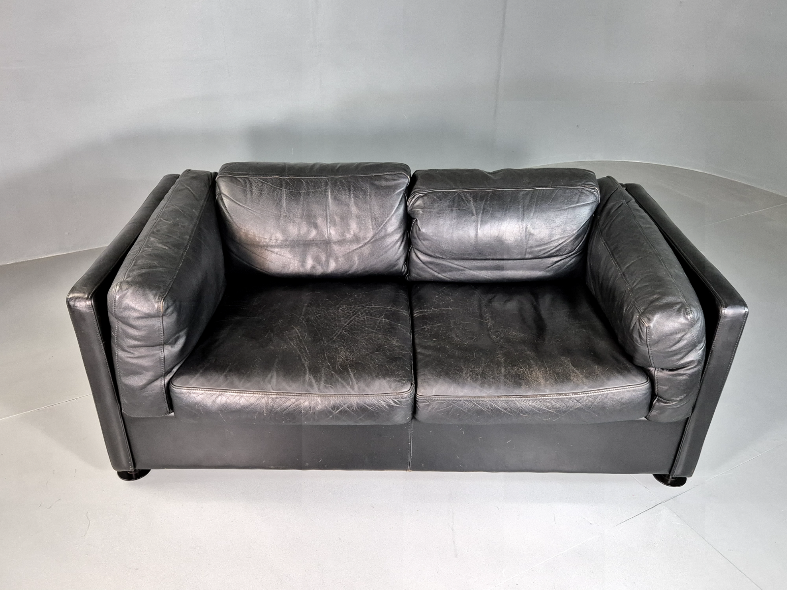 Vintage Danish 2 Seat Sofa Black Leather 1980s Retro MCM EB7162 M2SS - UKDK FURNITURE