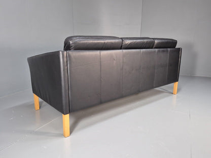 Vintage Danish 3 Seat Sofa Black Leather Straight back Arm Retro MCM EB8622 M3SS - UKDK FURNITURE
