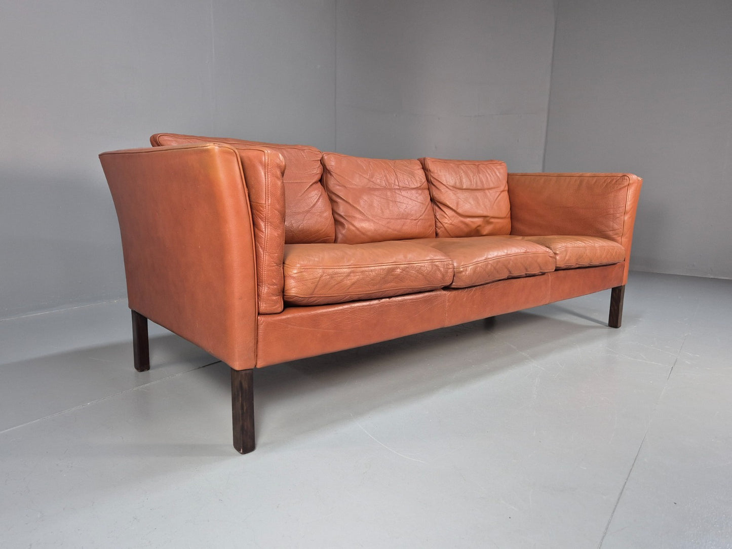 Retro Tan Leather Three Seater Sofa Vintage Danish Mid Century 1970 EB10078 M3SS1