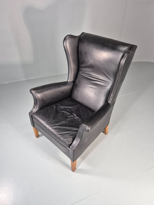 1960s Danish Wing Back Lounge Chair Black Leather Mid Century Retro B11380 MNOR1