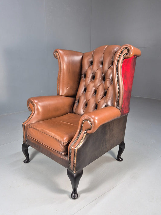 Vintage Leather Wingback Queen Anne Chair Brown 1980s Retro EB9543 VLEA - UKDK FURNITURE