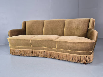 Vintage Danish  Banana Sofa Green Velour Tassels 1960s Retro MCM  EB10802 V3SS6