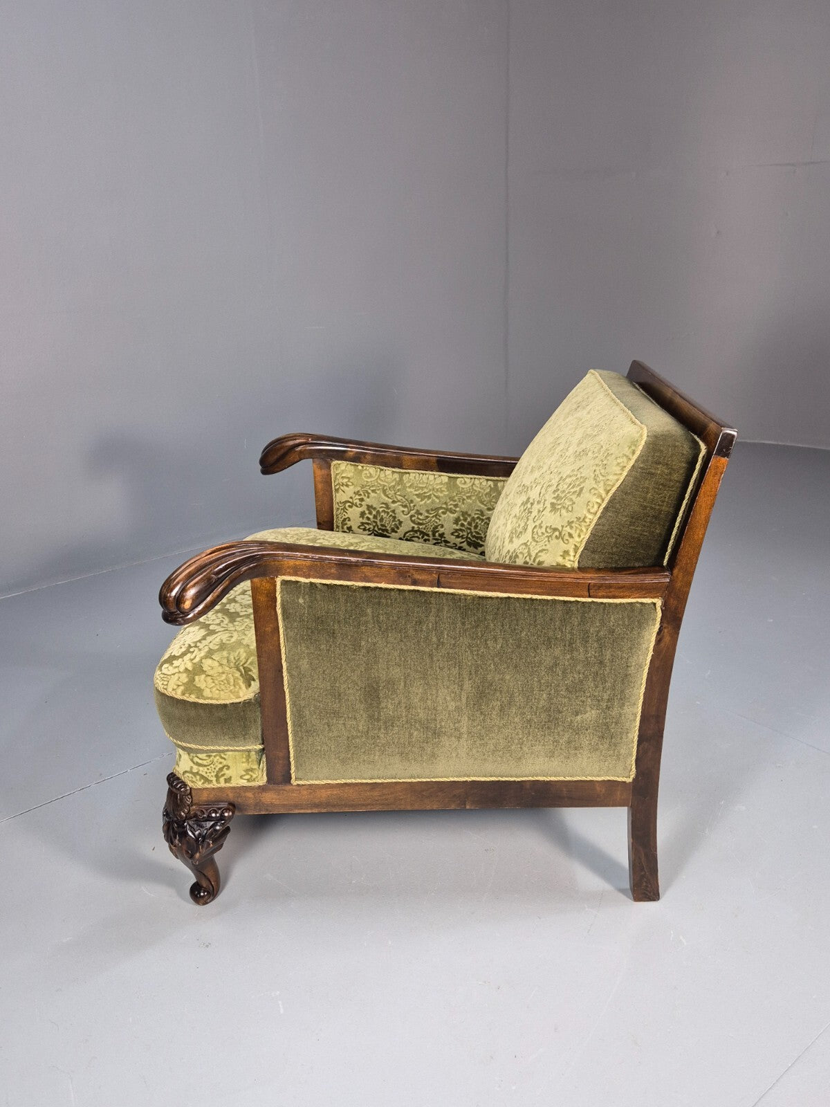 Vintage Danish Lounge Chair Antique Baroque Style Green Moquette EB9647 VCLO - UKDK FURNITURE